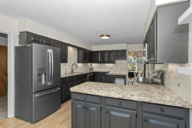 kitchen with decorative backsplash, a peninsula, light wood-type flooring, a sink, and stainless steel appliances
