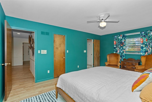 bedroom with visible vents, ceiling fan, and light wood-type flooring