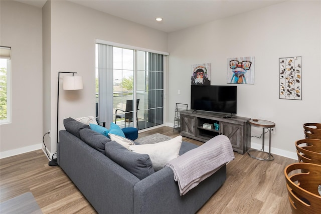 living area with baseboards, recessed lighting, and wood finished floors