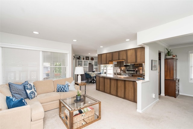 living room featuring baseboards, light colored carpet, and a wealth of natural light
