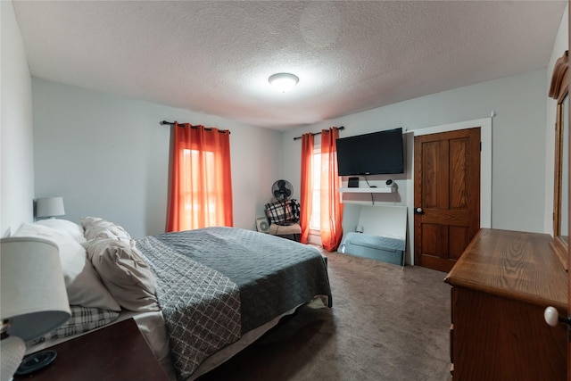 bedroom with carpet and a textured ceiling