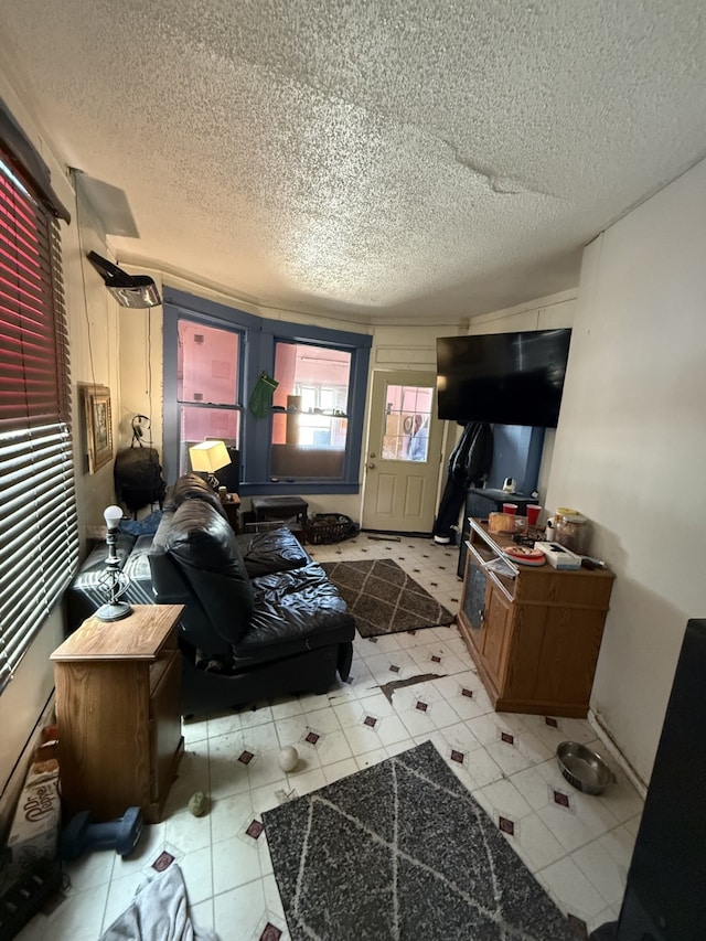 living room with a textured ceiling