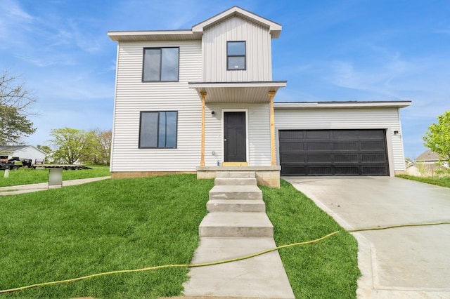 view of front of property with concrete driveway, an attached garage, board and batten siding, and a front lawn