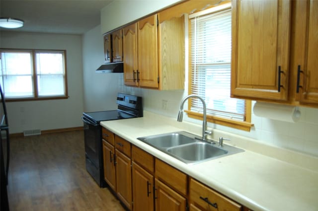 kitchen featuring visible vents, a sink, black range with electric cooktop, and decorative backsplash