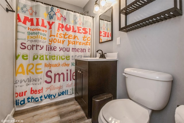 bathroom with wood finished floors, toilet, vanity, and baseboards