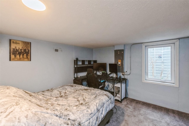 carpeted bedroom with a textured ceiling