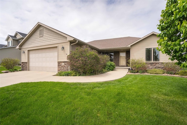 ranch-style house featuring a garage, driveway, a front lawn, and stone siding