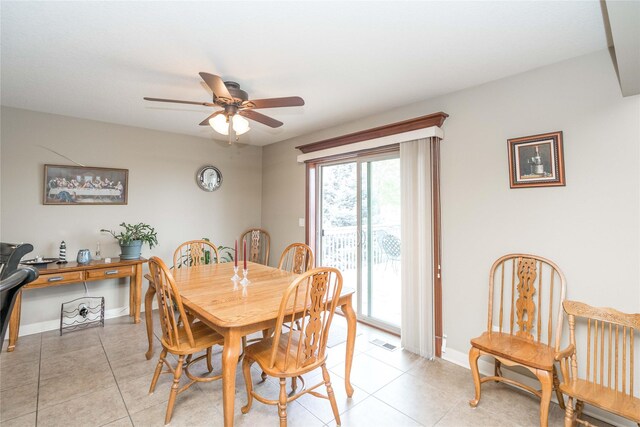 dining area with light tile patterned flooring, ceiling fan, visible vents, and baseboards