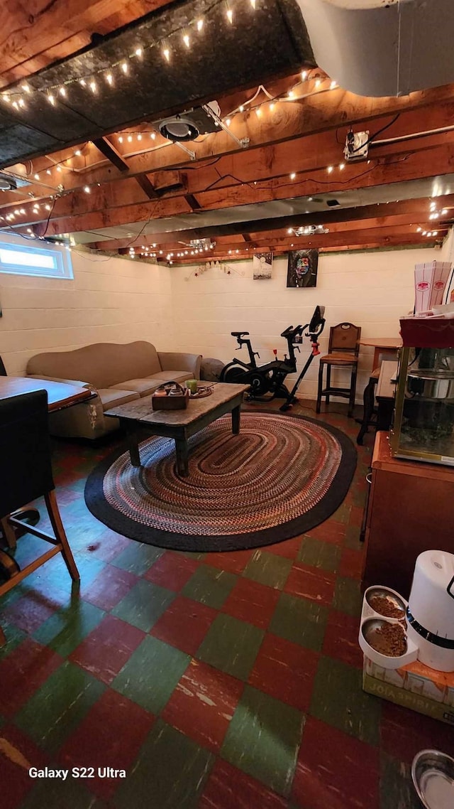 below grade area with tile patterned floors