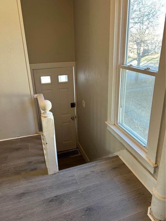 entrance foyer with baseboards, plenty of natural light, and wood finished floors