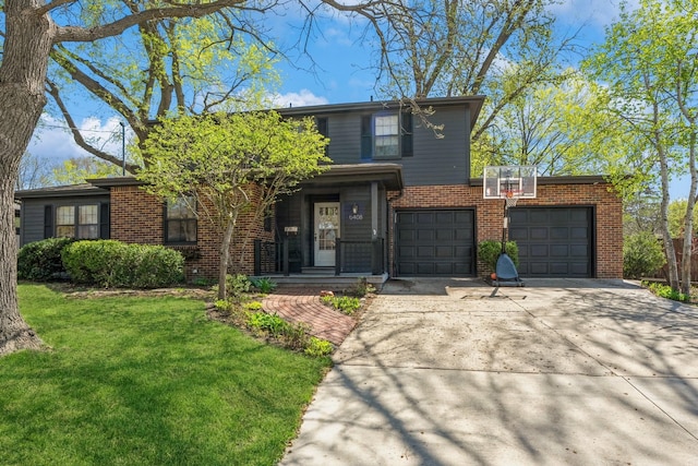 traditional-style house with a front yard, driveway, and brick siding