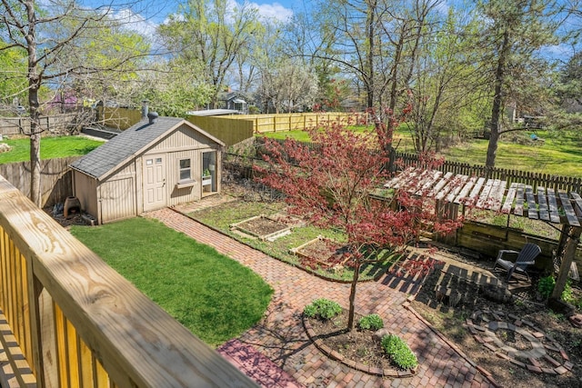 view of yard featuring an outdoor structure, a fenced backyard, a garden, and a storage shed