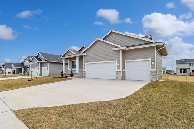 craftsman inspired home with stone siding, an attached garage, driveway, and a front yard