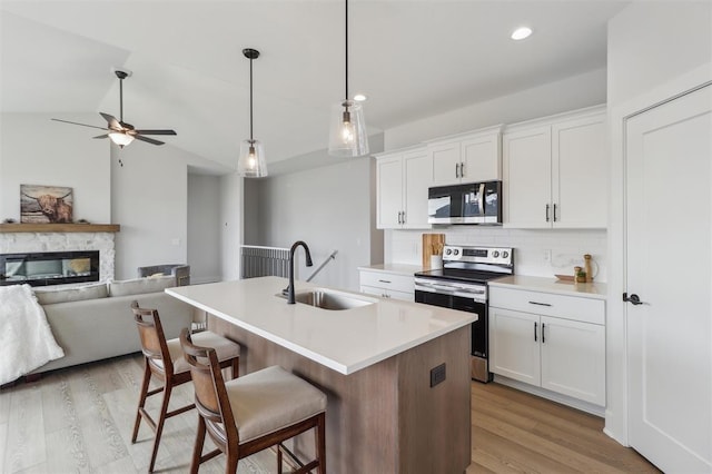 kitchen featuring decorative backsplash, appliances with stainless steel finishes, a sink, light wood finished floors, and an island with sink