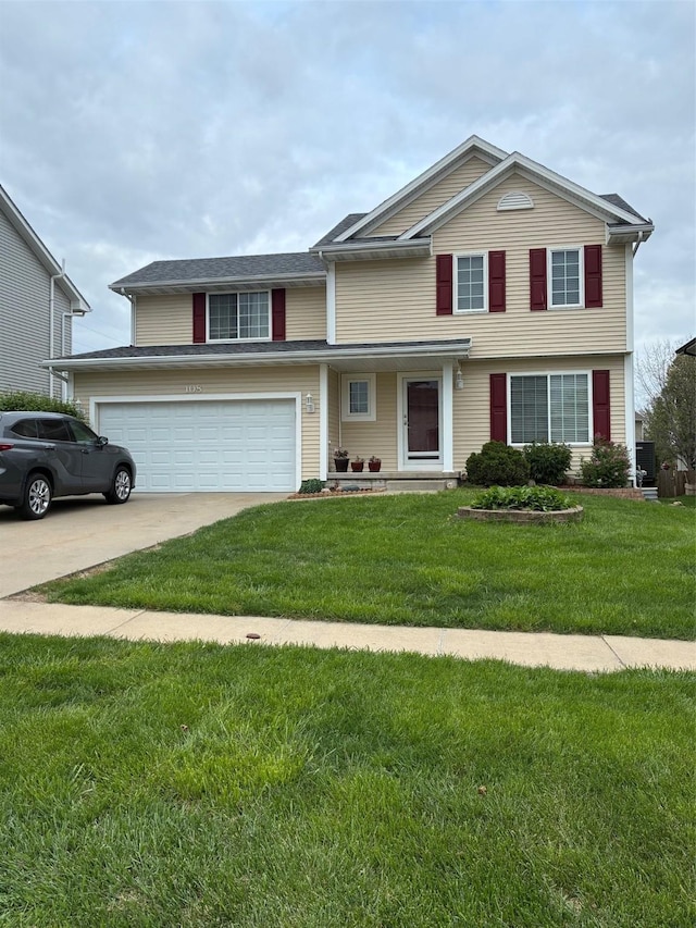 traditional-style home with an attached garage, a front lawn, and concrete driveway