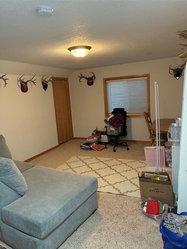 living room with baseboards, a textured ceiling, and carpet floors