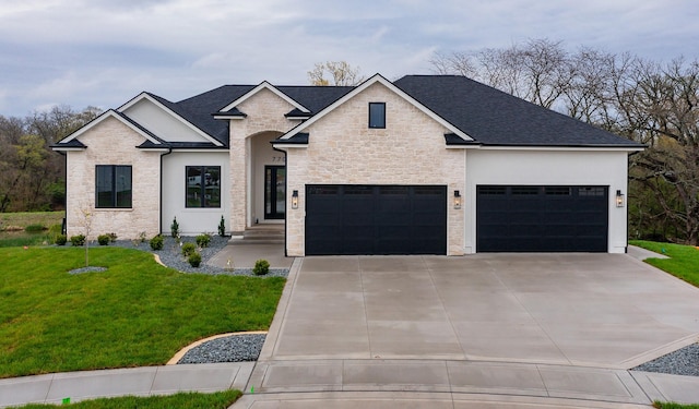 view of front facade featuring roof with shingles, driveway, stone siding, and a front lawn