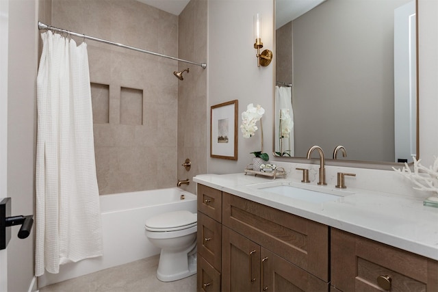 full bathroom with shower / bath combo with shower curtain, toilet, and vanity