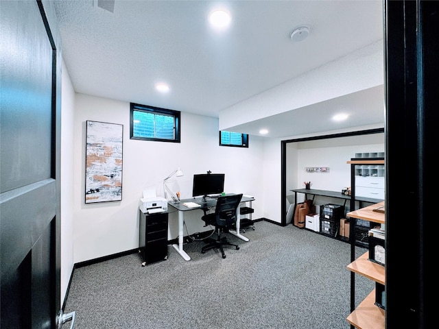 office area featuring carpet floors, recessed lighting, and baseboards