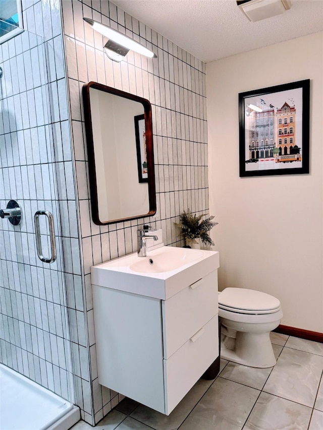 full bath featuring toilet, tile walls, a shower stall, and tile patterned flooring
