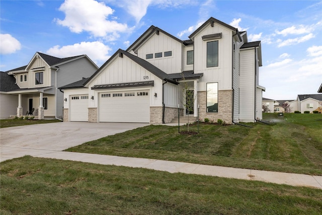 view of front facade with board and batten siding, driveway, a front lawn, an attached garage, and stone siding