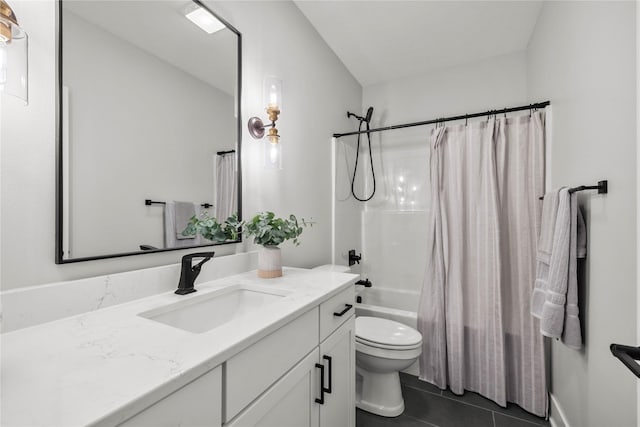 full bathroom featuring vanity, tile patterned floors, shower / bath combo, and toilet