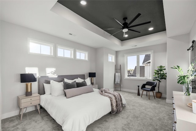 bedroom featuring baseboards, multiple windows, a raised ceiling, and light carpet