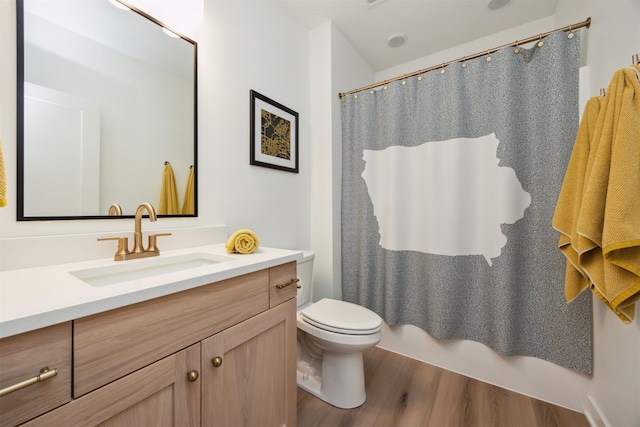 full bathroom with vanity, wood finished floors, and toilet