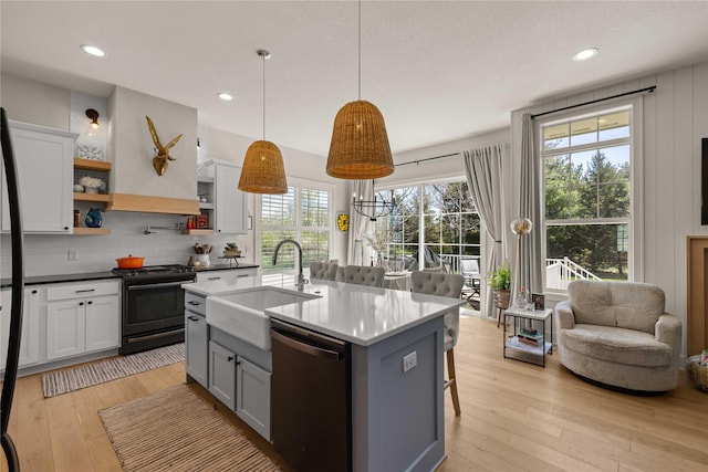 3319 NE 8th St, Ankeny, IA 50021 - kitchen featuring a sink, light wood finished floors, black range with gas cooktop, gray cabinetry, and dishwashing machine