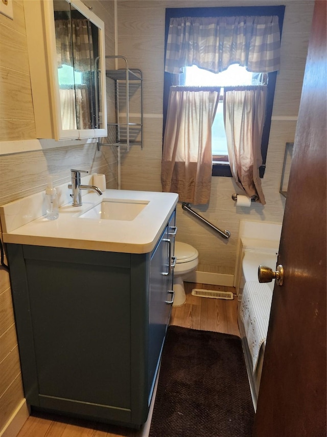 709 S Streeter St, Knoxville, IA 50138 - bathroom with vanity, baseboards, wood finished floors, and toilet