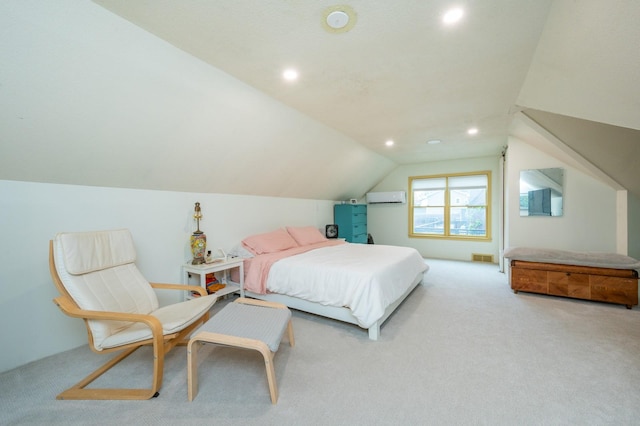 bedroom featuring vaulted ceiling, a wall mounted AC, carpet flooring, and recessed lighting