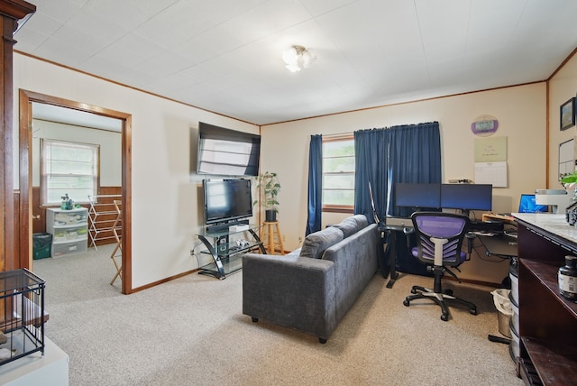 4131 Cornell St, Des Moines, IA 50313 - carpeted home office with baseboards, ornamental molding, and a wealth of natural light