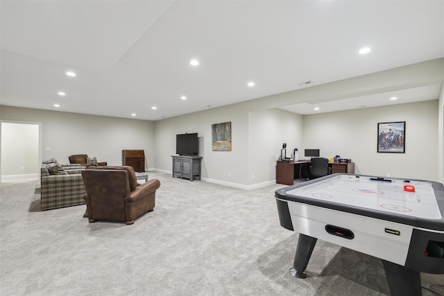 recreation room featuring carpet floors, recessed lighting, baseboards, and visible vents