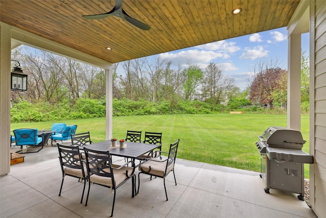 73 Myles Ct, Waukee, IA 50263 - view of patio / terrace featuring outdoor dining space, a grill, and ceiling fan
