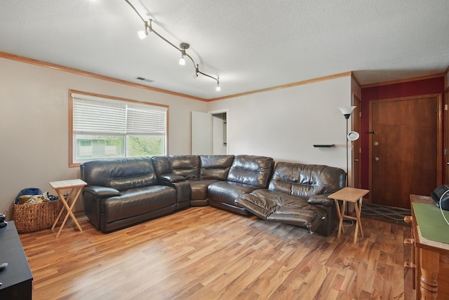 4202 62nd St Unit 6, Urbandale, IA 50322 - living room featuring ornamental molding, visible vents, track lighting, and light wood-style flooring