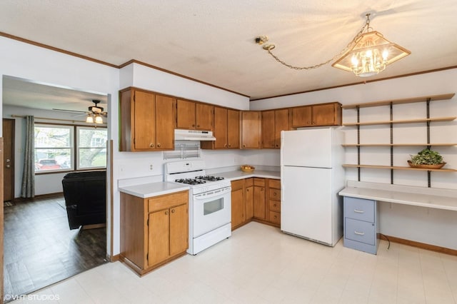 kitchen with open shelves, brown cabinets, light countertops, under cabinet range hood, and white appliances