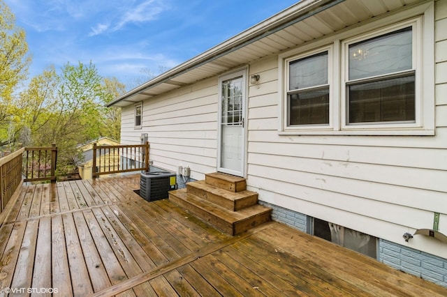 deck featuring entry steps and cooling unit