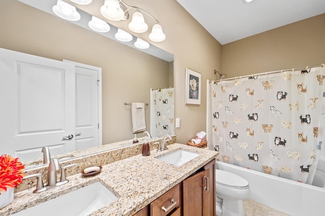 full bathroom with a sink, shower / bathtub combination with curtain, toilet, and double vanity