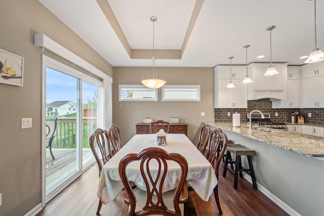 dining area with baseboards, plenty of natural light, wood finished floors, and a raised ceiling