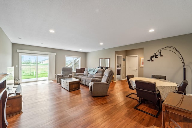 living room with recessed lighting and wood finished floors