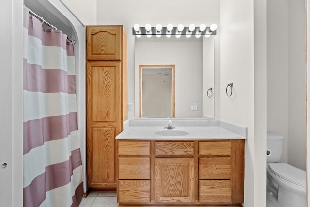 5099 Clover Ridge Rd, Panora, IA 50216 - bathroom featuring vanity, tile patterned floors, toilet, and a shower with curtain