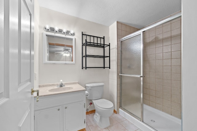5099 Clover Ridge Rd, Panora, IA 50216 - bathroom with ceiling fan, tile patterned flooring, a shower stall, vanity, and toilet