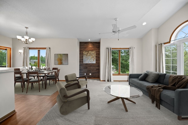 5099 Clover Ridge Rd, Panora, IA 50216 - living area with recessed lighting, light wood finished floors, and ceiling fan with notable chandelier