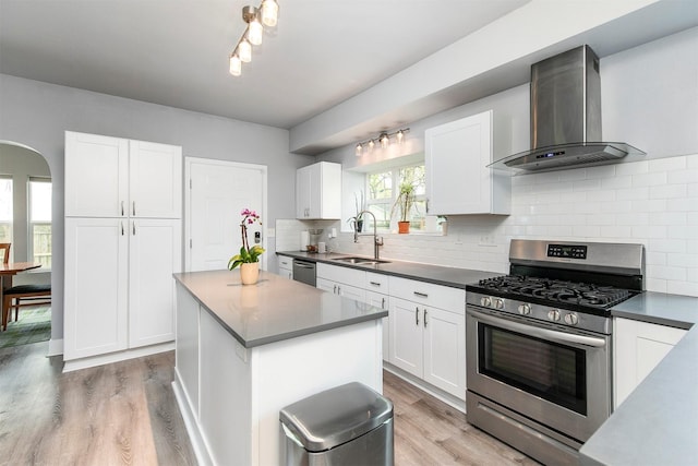 kitchen with wall chimney exhaust hood, arched walkways, white cabinets, a sink, and stainless steel appliances