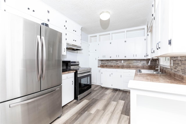 kitchen featuring decorative backsplash, under cabinet range hood, white cabinets, a sink, and stainless steel appliances