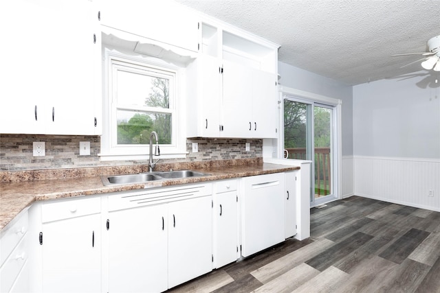 kitchen with white cabinetry, a textured ceiling, a sink, and a wainscoted wall