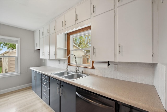 kitchen with plenty of natural light, backsplash, stainless steel dishwasher, a sink, and white cabinets