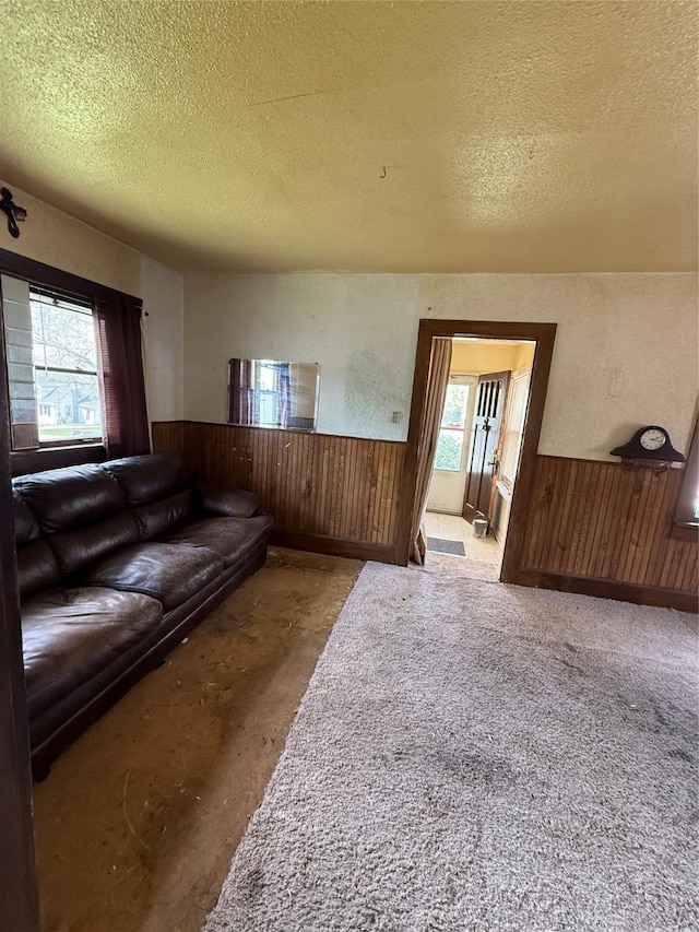 living area featuring wood walls, a textured ceiling, and a wainscoted wall