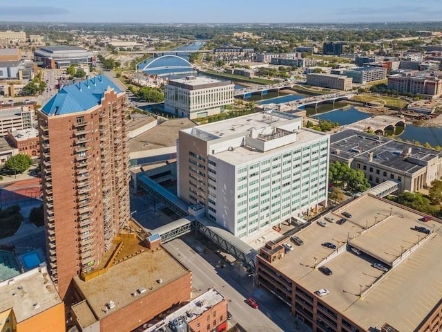 bird's eye view with a city view and a water view