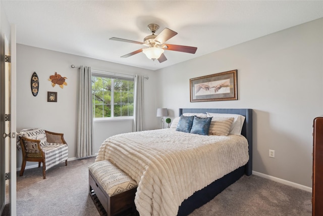 bedroom with carpet floors, a ceiling fan, and baseboards